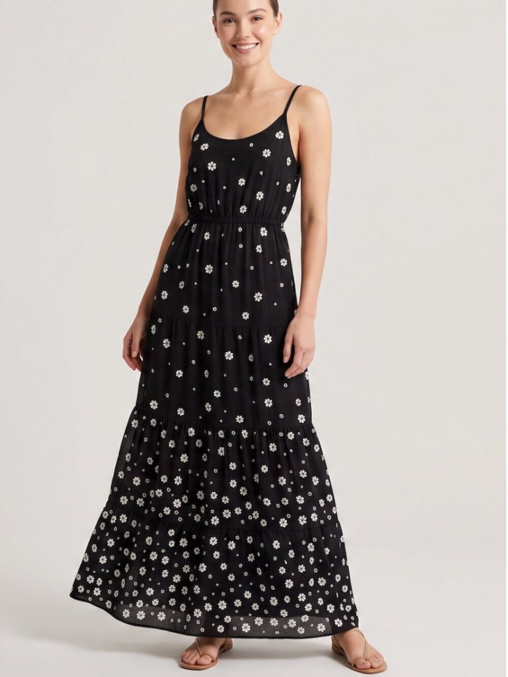 MICHAEL Michael Kors Black and White Daisy Floral Print Smocked Maxi Dress
